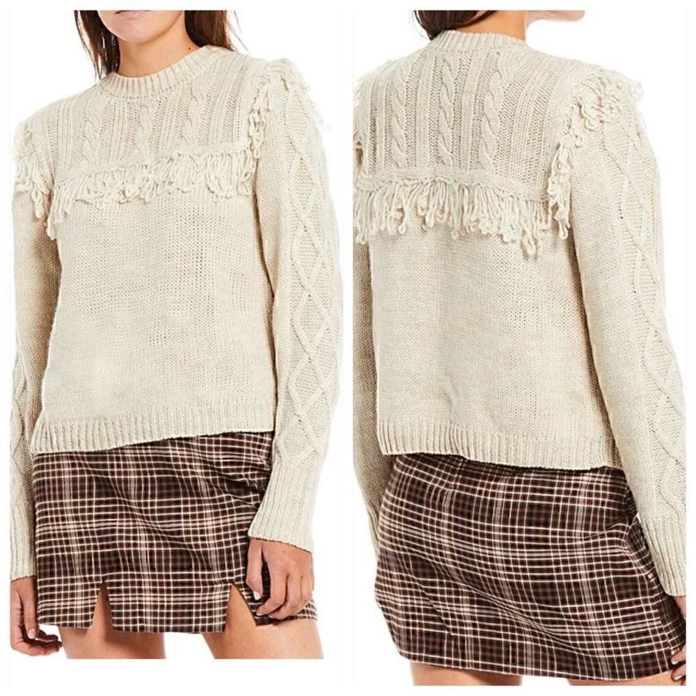 ‎GB Sweater womens size small Cable knit crew neck Fringe long sleeve New